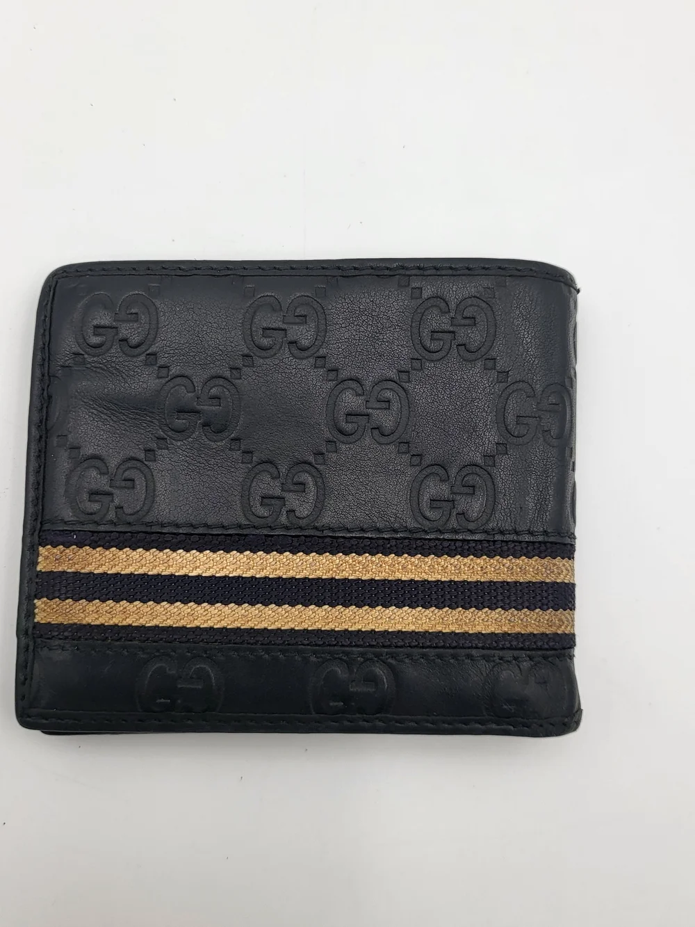 Gucci Royal Blue Embossed Leather Bifold Wallet with Beige/Blue Web Stripe Auth.